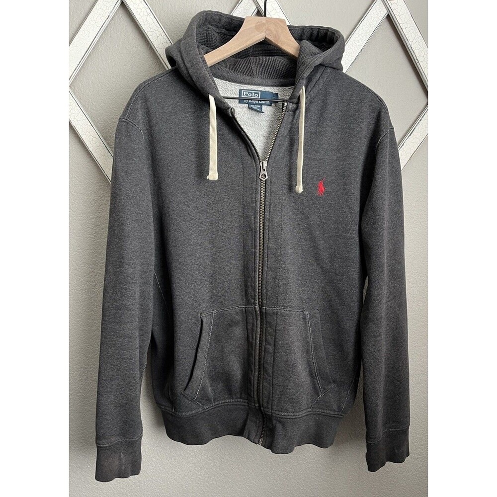Polo by Ralph Lauren Men’s L Full Zip Hoodie Sweatshirt Jacket -Gray w/ Red Pony
